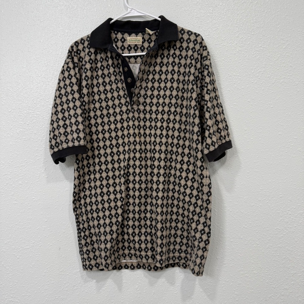 St Johns Bay Mens Vintage‎ Argyle Diamond Polo Shirt Medium Black Tan Cotton 90s